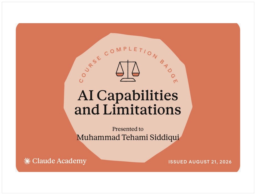 Claude Academy completion badge: AI Capabilities and Limitations