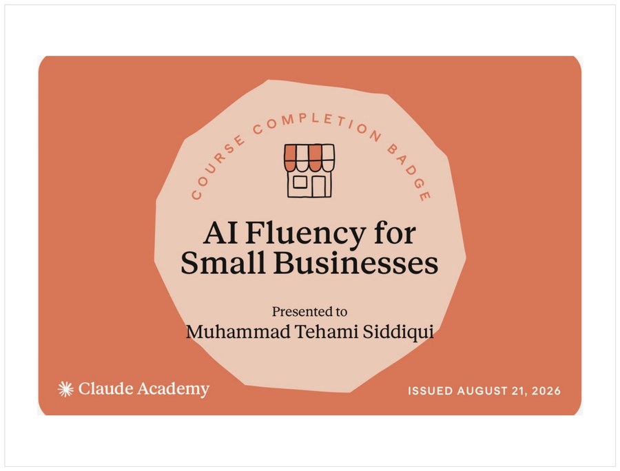 Claude Academy completion badge: AI Fluency for Small Businesses